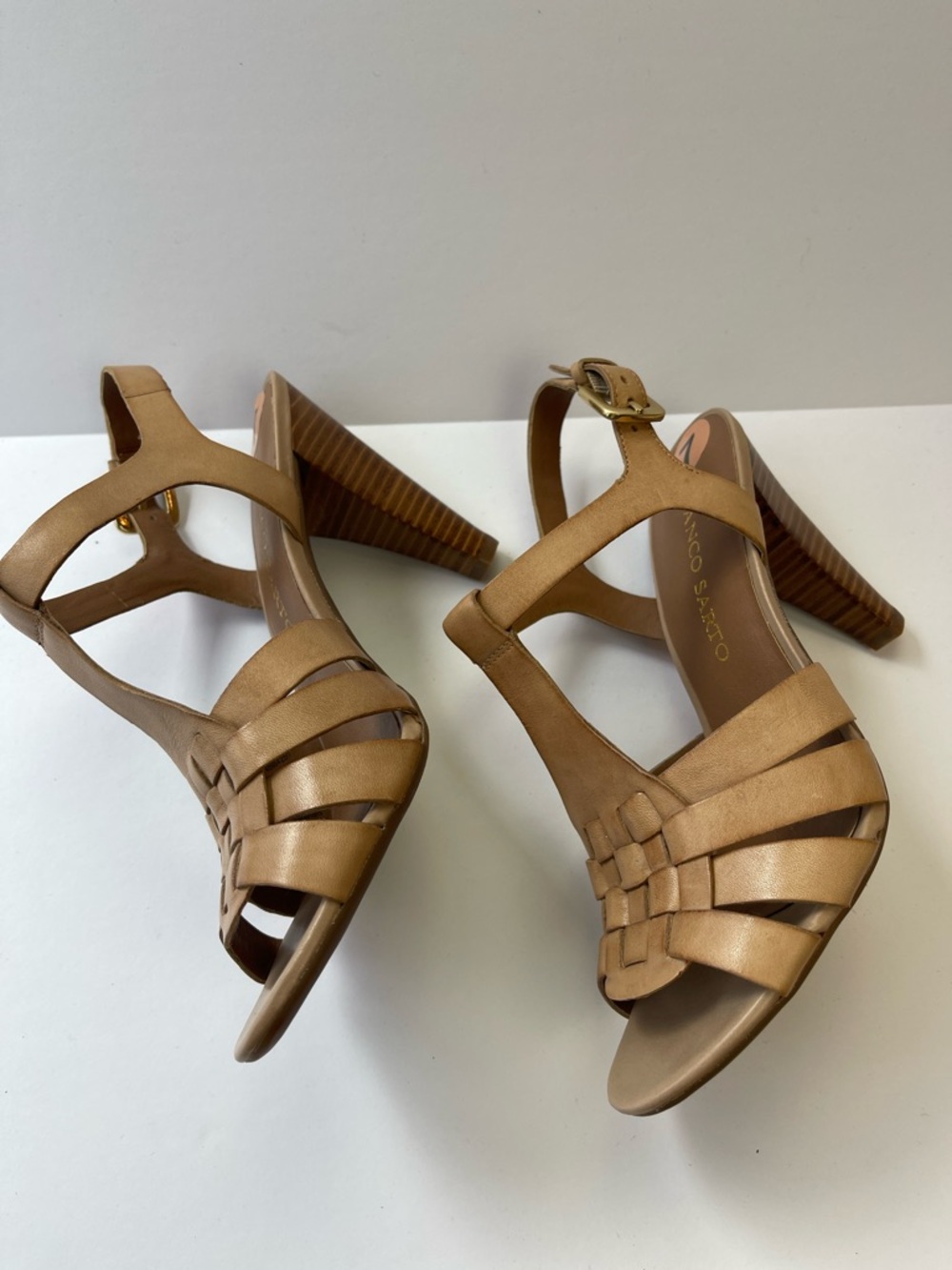 FRANCO SARTO TAN LEATHER WOVEN T-STRAP STACKED HEEL SANDALS - Picture 4 of 9